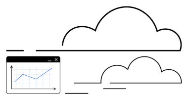 Dijital bulutların bulunduğu bir tarayıcı penceresindeki çizgi çizelgesi veri büyümesini, bağlantıyı ve teknolojik gelişmeleri gösteriyor. Veri analizi, bulut depolama, ağ oluşturma, bilişim, yenilik ve büyüme için ideal