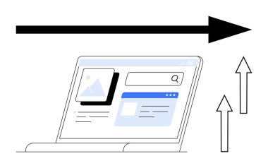 Arama çubuğu, resim bloğu ve metin elemanlarıyla dizüstü bilgisayar ekranı, büyük sağ işaret eden ok ve yukarı bakan oklar. Gelişme, ilerleme, web arama başarısı yeniliği ve teknoloji için ideal. Düz basit