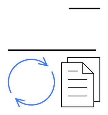 Yığılmış belgelerin yanında dairesel mavi oklar döngü, tekrarlama ve dosya transferini temsil ediyor. İş akışı, işlem yönetimi, işbirliği, otomasyon, belge paylaşım veri değişimi için ideal. Düz