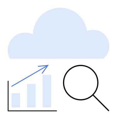 Bulut, ok ve büyüteçle yukarı doğru giden ölçü tablosu veri büyümesini, analitiği ve teknolojiyi vurgular. Teknoloji, analiz, büyüme, yenilik iş bulut depolama araştırması için ideal