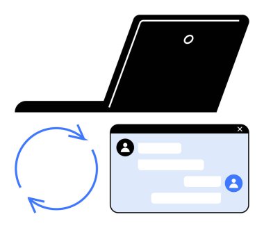Mavi dairesel oklu ve sohbet pencereli bilgisayar, dijital etkileşim, mesajlaşma ve güncellemeleri gösteriyor. Teknoloji, iletişim, işbirliği, üretkenlik, yazılım, takım çalışması için ideal