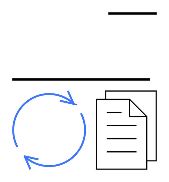 Круговые голубые стрелки рядом со сложенными документами, представляющими цикл, повторение и передачу файлов. Идеально подходит для документооборота, управления процессами, совместной работы, автоматизации, обмена данными. Плоская квартира