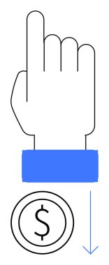 Aşağı doğru mavi ok ve dolar sikkeyle el hareketi ödemeyi, satın almayı ya da işlem sürecini sembolize eder. E-ticaret, finans, bankacılık, tasarruf, yatırım, maliyet yönetimi için ideal