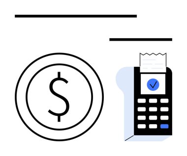 Postane terminalinin yanındaki bir madeni paranın içinde bir dolar işareti ve bir fiş ve işaret var. Ödeme, iş, fintech, işlem, e-ticaret, finans, alışveriş için ideal. Düz basit metafor