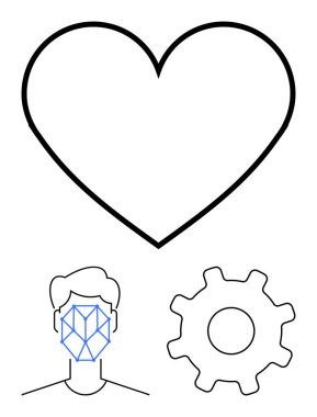 Yüzünün üzerinde kalp şekli ve yüz tanıma çizgileri var. Yapay zeka etiği, teknoloji, yenilik, insan-makine etkileşimi, dijital kimlik, sağlık hizmeti, düz basit