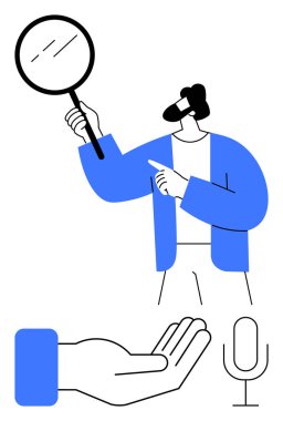 Büyüteçle analiz eden, ileri bakan bir adam. Açık el hareketi ve mikrofon keşif, odaklanma ve iletişim öneriyor. Analiz, sunum, araştırma ve öğrenme için ideal