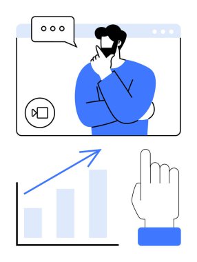 Video konferans penceresinde profesyonel düşünme, sütunlu büyüme grafiği ve yukarı doğru ok, elleri yukarı dönük. İş, strateji, ilerleme, çevrimiçi toplantılar, planlama, büyüme başarısı için ideal