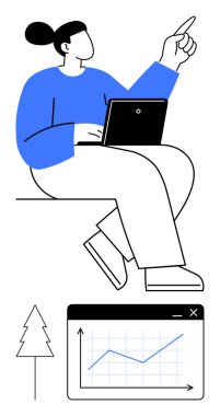 Dizüstü bilgisayarı olan, el kol hareketi yapan, ağaç silueti olan ve ekranda genişleyen grafiği olan biri. Ticari büyüme, analitik, doğa, takım çalışması, eko-odaklanma, planlama, düz düzlemde ilerleme için ideal