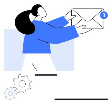 Elinde yeni mesaj bildirim rozeti olan büyük bir zarf tutan kadın, vites ayarlarını sembolize ediyor. İletişim için ideal, e-posta pazarlama, teknoloji, takım çalışması, mesajlaşma, bağlantı, düz basit