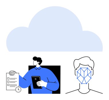 Üzerinde saat ve tablet tutan bir kişi ile dijital tanıma çizgileri olan yüz hatları olan büyük bir bulut sembolü var. Veri güvenliği, bulut depolama ve görev yönetimi için ideal