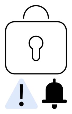 Anahtar delikli asma kilit, ünlem işaretli uyarı üçgeni ve uyarı zili. Güvenlik, alarm, uyarı, tebliğ, mahremiyet, koruma için ideal Çevrimiçi güvenlik düz metaforu