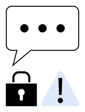 Elips, kilit ve uyarı üçgeni ünlemli konuşma balonu. Veri güvenliği, çevrimiçi mahremiyet, sohbet güvenliği, şifreleme, alarm risk yönetimi siber koruması için ideal. Düz basit metafor