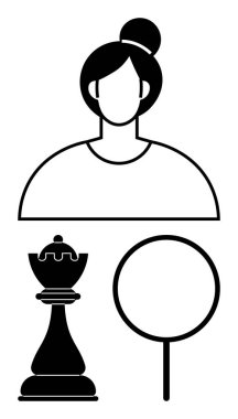 Bir kadın, satranç kralı taşı ve büyüteç içeren tek renkli tasarım. Strateji, liderlik, karar verme, odaklanma, analiz, problem çözme için ideal. Düz basit metafor