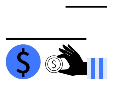 Siyah el, büyük bir dolar işaretinin yanında mavi bir madeni para tutuyor. Finans, yatırım, tasarruf, kazanç, ödeme, bankacılık, ekonomik büyüme temaları için idealdir. Asgari düz metafor