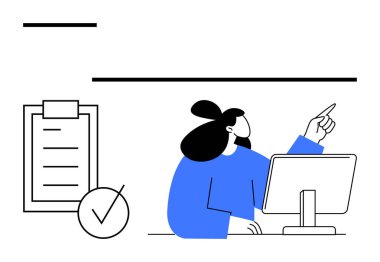 Masadaki mavili kadın bilgisayar ekranına doğru hareket ediyor, pano kontrol listesi ve işaretli. Üretkenlik, görev yönetimi, organizasyon, hedef belirleme, planlama, takım çalışması, iş akışı için ideal