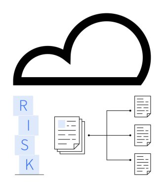 Bulut simgesi, küçük dosyalara bağlı belge yığını ve planlama, depolama ve analiz riskleri. İş, veri yönetimi, risk, iş akışları sistem bulut çözümleri için ideal