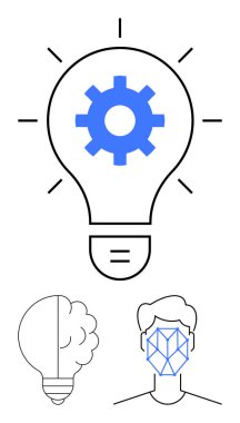 Yenilik için vites merkezli ampul, alternatif yarı beyin görüşü ve yapılandırılmış yüz şebekesi. Yaratıcılık için ideal, yapay zeka, problem çözme, teknoloji, beyin fırtınası fikirleri modern tasarım. Düz