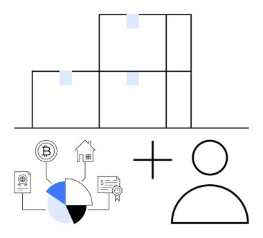 İçinde finansal semboller, pasta grafiği ve blok zinciri, finans, mülkiyet, analitik, dijital kimlik ve veri alışverişini temsil eden kullanıcı simgesi olan yığınlar. Fintech kripto para birimi için ideal