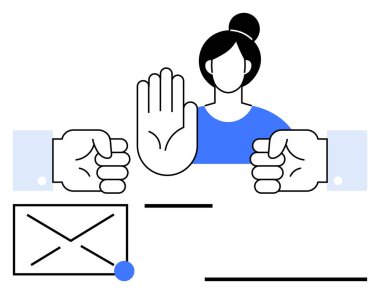 Aşağıda minimalist bir e-posta unsuru olan iki yumruğu kavganın ortasında durdurmak için elini kaldıran bir kadın. Sınırlar, çatışma çözünürlüğü, iletişim, işyeri ahlakı, takım çalışması, kendini kontrol, düz alan