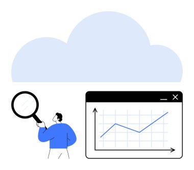 Büyüteç grafiği, bir bulut arkaplanının yakınına yerleştirilmiş olumlu eğilimleri gösteren grafikleri inceliyor. Teknoloji, veri yönetimi, bulut hesaplama, analitik, iş büyümesi, araştırma, daire için ideal