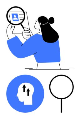 Belgenin üzerinde büyüteç tutan kadın, büyümeyi sembolize eden baş simgesi. İşe alım, analiz, kişisel gelişim, araştırma, soruşturma ve insan kaynakları eğitimi için ideal. Düz basit metafor