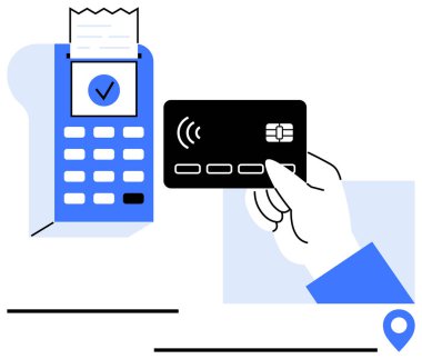 Onaylanmış makbuzu gösteren ödeme terminalinin yanında el ele tutuşma kartı var. Finans, e-ticaret, alışveriş, dijital işlem, kolaylık, teknoloji, güvenli ödeme için ideal. Düz