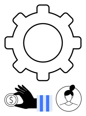 Gear, finans için süreç optimizasyonu, el ve para, veri analizi için bar grafiği, insan kaynakları için kadın profilini temsil ediyor. Finans, takım yönetimi, süreç, strateji, üretkenlik için ideal