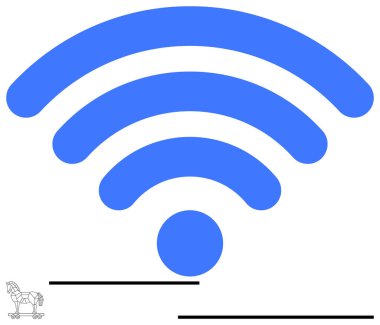 Minimum Truva atı dizaynı üzerinde güçlü bir mavi kablosuz ikon. Teknoloji, kötü amaçlı yazılım, siber güvenlik, internet erişimi, çevrimiçi güvenlik, bağlı cihazlar ve hackleme kavramları için ideal. Düz basit