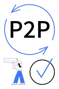 Dairesel oklarla çevrili büyük P2P metni, bir derecelendirme çubuğu tutan kullanıcı, ve bir daire içinde bir kontrol işareti. İşbirliği, doğrulama, güven, kullanıcı geribildirimi, iletişim, paylaşım ağı için ideal