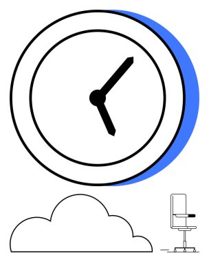 Minimalist bulutlu büyük bir saat ve ayarlanabilir ofis koltuğu. Uzaktan çalışma, zaman yönetimi, üretkenlik, modern teknoloji, esneklik, iş hayatı dengesi, düz basit metafor için ideal