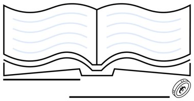 Akan kıvrımlı satırların olduğu açık bir kitap, bir tutucunun üzerinde duruyor. Yer imi olarak madeni para ayrıntıları. Eğitim, eğitim, okuma, edebiyat, bilgi ve ilham için idealdir. Düz basit