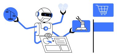 Ahlak için ölçeği, sağlık için kalbi, otomasyon için robotik kolu e-ticaret için alışveriş arabası ve kontrol paneli olan robotlar. Teknoloji, yenilik, yapay zeka etiği ve otomasyon için ideal.