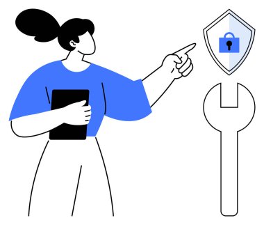 Elinde bir tablet tutan kadın, büyük bir İngiliz anahtarının yanında, kilidi olan bir kalkanı gösteriyor. Dijital güvenlik, teknoloji desteği, bilişim bakımı, siber koruma, sistem güncellemeleri, aygıt yönetimi için ideal
