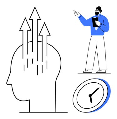 Yukarıya bakan oklarla ana hatları büyümeyi simgeliyor, pano rehberliği eylemleri yapan adam ve zaman yönetimini gösteren saat. Üretkenlik, liderlik, odaklanma, kariyer büyümesi ve planlama için ideal