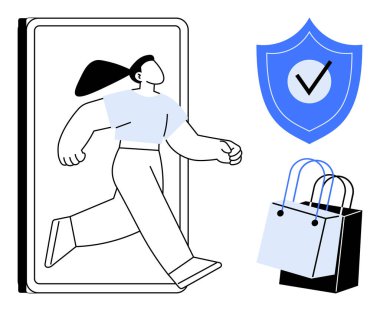 Mobil cihazdan kalkanlara doğru koşan kişi çevrimiçi alışveriş güvenliğiyle işaretlenmiş. E-ticaret, siber güvenlik, tüketici güvenliği, mobil ticaret, güven sembolleri için ideal