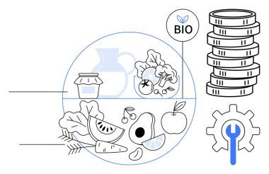 Çeşitli organik ürünler sebze, meyve ve tanecikleri dairesel düzende, biyo etiketi yukarıda, dişli ve anahtarlı bozuk paralar sağda. Sürdürülebilirlik, tarım, ekonomi ve sağlık için ideal
