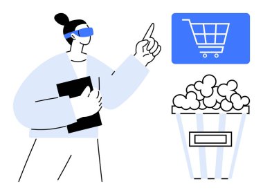 AR gözlüğü takan kadın patlamış mısır kovasının yanındaki sanal alışveriş arabası ikonu ile etkileşime giriyor. Teknoloji, e-ticaret, AR alışverişi, yenilik, modern yaşam tarzı, gelecek trendleri, düz basit