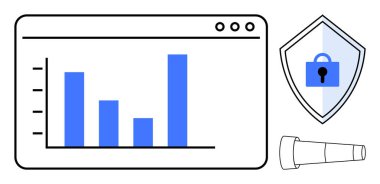 Dijital bir pencerede gösterilen çubuk grafik, kilit sembollü bir kalkan ve bir teleskop. Veri koruması, siber güvenlik, iş anlayışı, veri analizi, gelecek planlama, teknoloji vizyonu için ideal