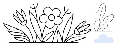 Çiçekler açan, yapraklı bitkiler ve küçük bir bulutla stilize edilmiş bahçe sahnesi. Doğa, büyüme, sükunet, mevsimler, minimalizm, çevre dostu ve farkındalık temaları için idealdir. Düz basit metafor