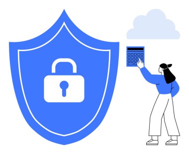 Hesap makinesi kullanan, bulut simgesi altında kilit sembollü büyük bir kalkan. Veri koruması için ideal, siber güvenlik, teknoloji, bulut hesaplama, dijital mahremiyet, şifreleme güvenliği. Düz basit