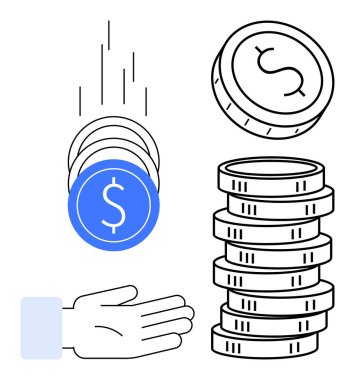 Mavi paraların yakalanması, zenginliği, tasarrufu, bütçeyi, yatırımı, mali yönetimi, ödemeyi ve ekonomik planlamayı sembolize eden yüksek bir madeni para yığınının yanı sıra. Düz basit metafor