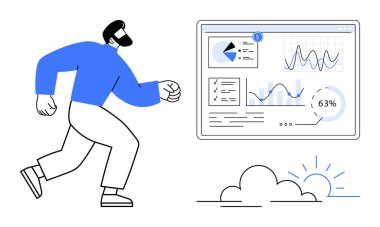 Analitik gösterge paneline yaklaşan enerjik bir birey grafikler, çizelgeler ve performans ölçümleri içeriyor. Ticari büyüme, veri takibi, hedef başarı, ilerleme izleme ve analitik için ideal