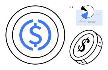 Kalın çizgilerde dolar işareti olan madeni paralar, yanında da minimalist pasta grafiği ve veri elemanları. Para, finans, yatırım, kripto para, analiz, engelleme teknolojisi için ideal. Düz basit