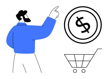 Adam alışveriş arabasının üstündeki bir doları işaret ediyor. Finans, e-ticaret, bütçe, çevrimiçi alışveriş, pazarlama, tasarruf ve karar verme kavramları için ideal. Minimalist düz metafor