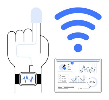 Algılayıcı ve akıllı izleme göstergelerine sahip parmaklar, kablosuz sinyalle dijital gösterge paneliyle veri paylaşımı. Sağlık hizmetleri, teletıp, IOT, sağlık, teknolojik yenilik, fitness, düz basit