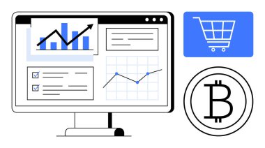 Bilgisayar monitörü finansal grafikleri, çizelgeleri ve listeyi gösteriyor. Bitcoin para birimi logosu ve alışveriş arabası simgesi. Çevrimiçi finans, e-ticaret, kripto para birimi, yatırım, veri analizi için ideal