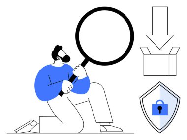 Adam elinde büyüteçle diz çöküp etrafı inceliyor. Aşağıya doğru bir ok, kutuyu aç ve kilidi olan bir kalkan içeriyor. Arama, analiz, koruma, güvenlik soruşturma verileri için ideal