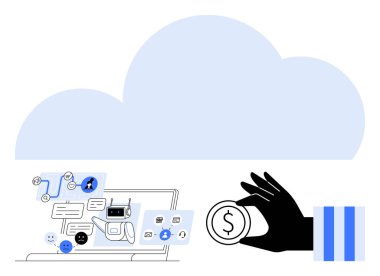 Parasal değeri sembolize eden el ele tutuşma, sohbet robotlu dizüstü bilgisayar, yukarıda bulut. Bulut bilgisayarı, yapay zeka, fintech, dijital dönüşüm, otomasyon teknolojisi yeniliği için ideal. Düz