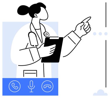 Beyaz önlüklü doktor işaret ederken yanında iletişim simgeleriyle pano tutuyor. Teletıp, sağlık, dijital iletişim, danışma, hasta bakımı, teknoloji için ideal