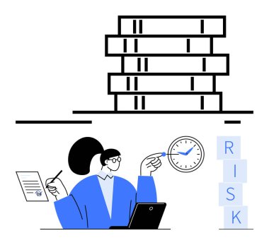 Dizüstü bilgisayarı, saati ve kağıdı olan iş kadını risk bloklarını analiz ediyor, zaman çizelgelerini denetliyor ve görevleri dengeliyor. Risk yönetimi, organizasyon, zaman yönetimi, strateji verimliliği için ideal